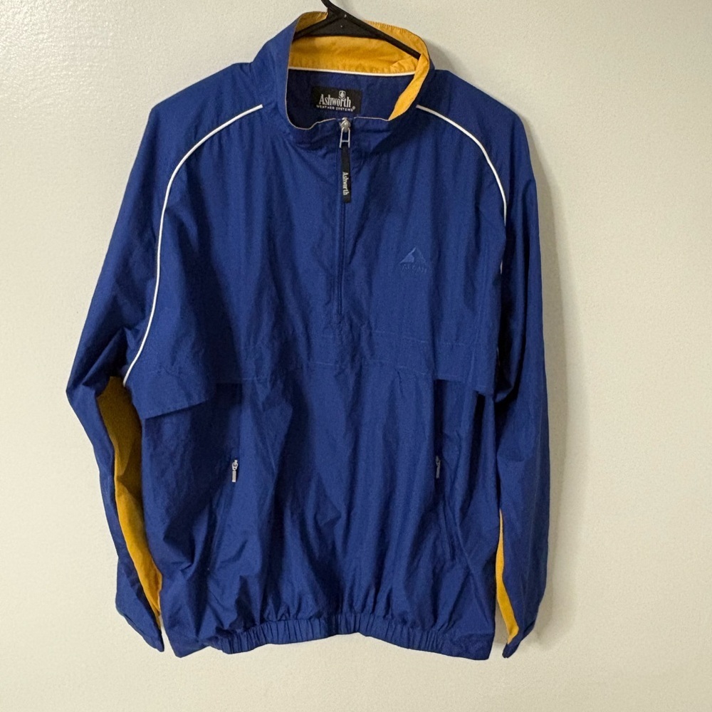 Ashworth Pullover Mens 1/4 Zip NavyBlue and yellow Windbreaker XL